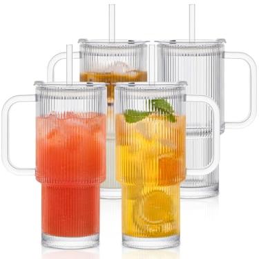 Imagem de INSETLAN Copo de vidro canelado de 737 g com alça e tampa – Pacote com 4 xícaras grandes de café gelado com canudos, caneca de vidro moderna para bebidas frias e quentes, copo de viagem estética para