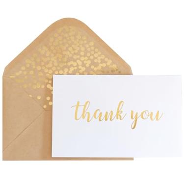 Imagem de Cartões de agradecimento - Pacote com 50 cartões brancos com acabamento fosco branco com folha dourada "Thank You" impresso com 52 envelopes kraft com design de confetes 10 x 15 cm - para chá de