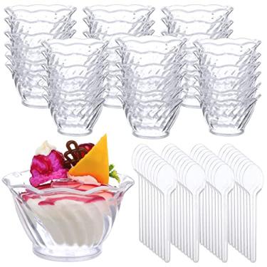 Imagem de Conjunto de 72 tigelas e colheres de sorvete de 142 ml, copos de sobremesa de plástico transparente, tulipa para sobremesa, mini suporte de prato em forma de tulipa para festa, servir, sundae, salada