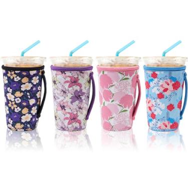 Imagem de Pacote com 4 mangas de café gelado, mangas de neoprene reutilizáveis adequadas para mangas de bebidas para café quente e frio ou bebida gelada manga de xícara de café para xícara de café Starbucks