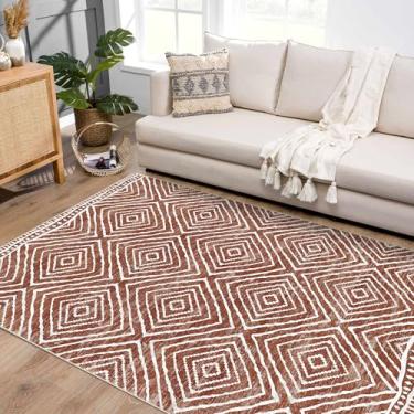 Imagem de Tapetes de área 12 x 18 cm - Tapete lavável ultrafino com suporte antiderrapante, ideal para sala de estar, quarto, cozinha - estilo ocidental, fácil de limpar, durável, marrom vermelho