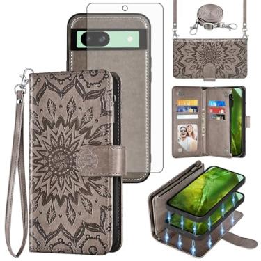 Imagem de Asuwish Capa de celular para Google Pixel 8A carteira com zíper magnética destacável com protetor de tela alça transversal alça floral flip porta-cartões Pixel8A A8 5G mulheres homens cinza