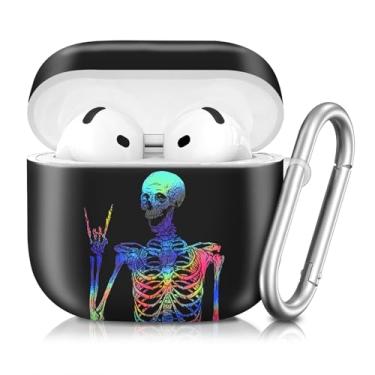 Imagem de Compatível com AirPod 4ª geração 2024, capa protetora antiqueda à prova de choque, linda capa para mulheres e homens com chaveiro (esqueleto hippies colorido de caveira)
