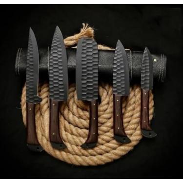 Imagem de Conjunto de facas Viking feitas à mão em aço damasco – 5 peças com bainha – Utensílios de cozinha – Presente masculino de Dia dos Namorados