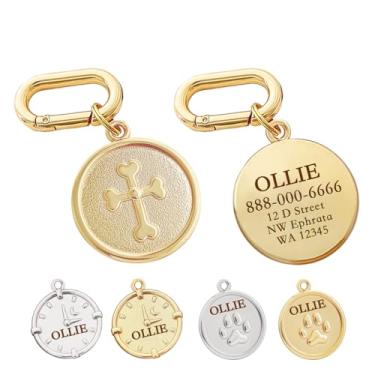Imagem de MEMOPAW Etiquetas de identificação para cães personalizadas, dupla face, gravadas profundamente, coleira de gato e cachorro, formato redondo, processo de geada banhado a prata/ouro