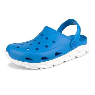 Imagem de Tamancos de jardim masculinos e femininos com suporte de arco, sem sexo leve sem cadarço com dupla cor, sandália antiderrapante para uso ao ar livre, praia, jardim, piscina, interior, Azul/branco, 10