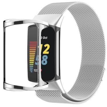 Imagem de QIEMUTER Pulseiras com capa compatível com Fitbit Charge 6/5, pulseira trançada ajustável de metal com fecho magnético, capa protetora de TPU (poliuretano termoplástico) para homens e mulheres (prata)