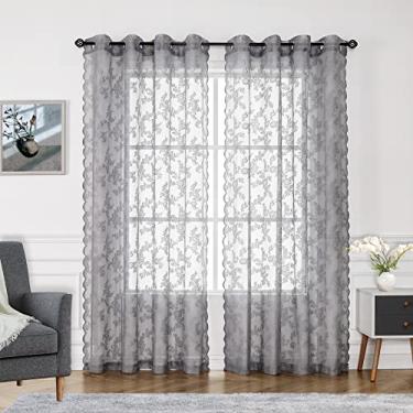 Imagem de Cortinas de renda cinza para quarto de crianças, 139 x 137 cm, cortinas bordadas florais francesas de voile transparente, tecido de renda rosa, cortinas de tratamento de janela para sala de estar