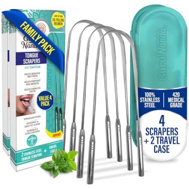 Imagem de GuruNanda Raspador de língua para adultos (pacote com 4) com estojo de viagem, aço inoxidável de grau médico 420, auxilia no hálito fresco e higiene bucal - adequado para viagens