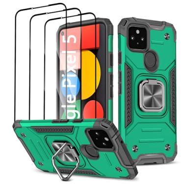 Imagem de Capa para Google Pixel 5 com 3 peças, protetor de tela de vidro temperado, suporte magnético integrado de nível militar, camada dupla, híbrida, à prova de choque, Aromr resistente, capa para Google