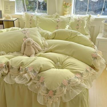 Imagem de MOOWOO Jogo de cama com babados de renda floral - Sweet Girl Chiffon Ruffles Conjunto de capa de edredom - 3 peças (1 capa de edredom completa 203 x 232 cm, 2 fronhas) Roupa de cama estética para