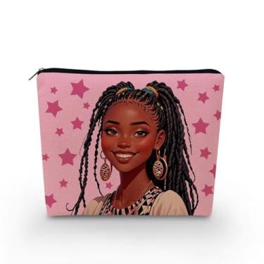 Imagem de YULUENZE Bolsa organizadora de lona pequena para mulheres afro-americanas com zíper rosa estrela preta bolsa cosmética estética presente de aniversário para mulheres irmãs amigas, asnj0873, Samll