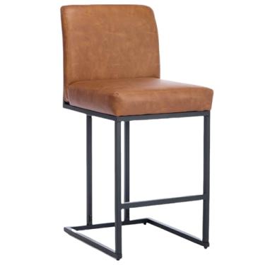 Imagem de GarveeHome Bancos de bar de 61 cm, bancos de bar com altura de balcão com encosto, banquetas modernas de couro PU para ilha de cozinha, cadeira de bar estofada com apoio para os pés com moldura de