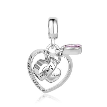 Imagem de MiiFort Berloque de coração de amor entrelaçado com neto serve para pulseiras Pandora com pedra de nascimento rosa zircônia cúbica família avó aniversário