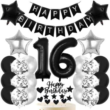 Imagem de Decorações de aniversário de 16 anos preto e prata faixa de feliz aniversário látex confete estrelas balões de alumínio número 16 conjunto de decoração de bolo preto topo de bolo meninos meninas