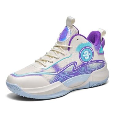 Imagem de Bolognifi Tênis de basquete masculino de cano alto, botas de basquete de malha respirável adequadas para jogos internos/externos Equipamento de basquetebol(Purple,34 BR)