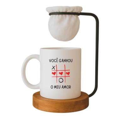 Imagem de Kit Dia dos Namorados, Caneca 'Você ganhou o meu Amor' com Mini Coador de Café, Base em Madeira
