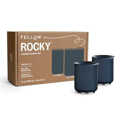 Imagem de Fellow Conjunto de 2 copos Rocky Lowball de aço inoxidável isolados com interior de cerâmica e tampa giratória de seixos - 283 g, azul pedra