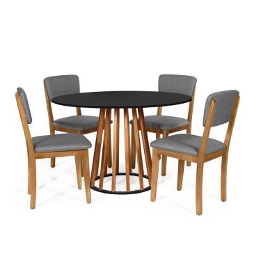 Imagem de Mesa De Jantar Redonda Gabi Nat/pret Com 4 Cadeiras Estofadas Ella Cinza Escuro