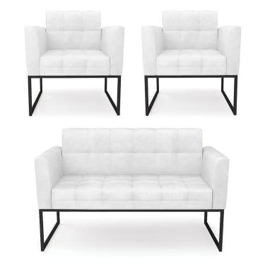 Imagem de Kit 1 Sofá Namoradeira E 2 Poltronas Elisa Corano Base Metálica Industrial Preto - D`rossi Cor Branco