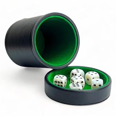 Imagem de Luck Lab Black Leather Dice Cup with Lid Including 6 Matching Pearl Dice - Green Velvet Interior for Quiet Shaking - Use for Liars Dice Farkle Yahtzee Board Games, Black