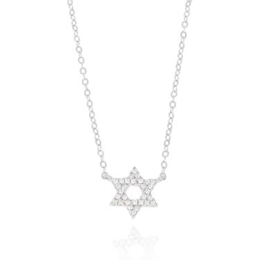 Imagem de Feito em Israel Colar de Estrela de Davi banhado a ouro 14K para mulheres – Pingente de símbolo judaico de Israel – Elegante hebraico com zircônia cúbica delicadas joias judaicas religiosas, 14" + 2