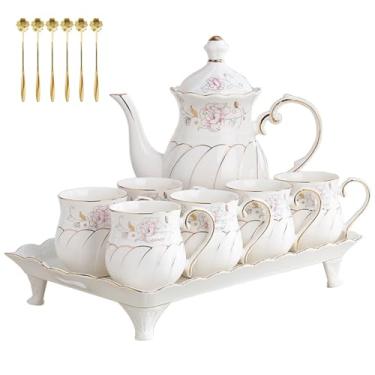 Imagem de Ecentaur Conjunto de 14 peças de bule de chá de porcelana xícara de café xícara de chá com colher dourada suporte de bandeja de chá para presente