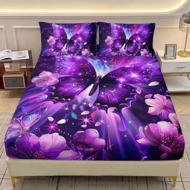 Imagem de AILONEN Jogo de lençol solteiro de borboleta roxa com estampa de borboleta, linda flor, decoração de 3 peças, microfibra macia, 1 lençol com elástico e 2 fronhas