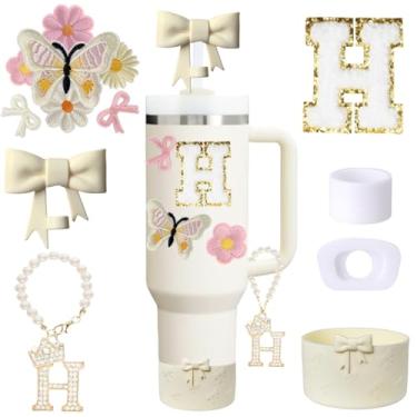 Imagem de Conjunto de acessórios de copo Stanley branco de 13 peças para copo de 850 g 1,134 g com alça, incluindo pingente de alça, adesivo inicial personalizado, topo de palha, bota de silicone, tampa à prova