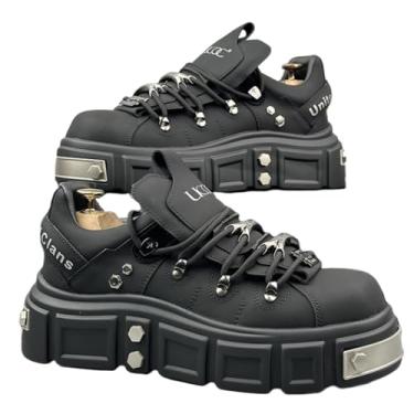 Imagem de Tênis feminino de couro sintético Y2K punk, plataforma cravejada, sola grossa, casual, com elevação de 6,8 cm para sair à noite, shows, looks modernos, Preto, 40