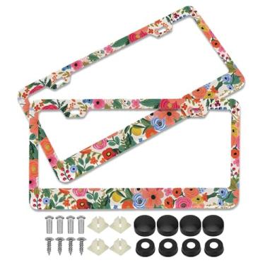 Imagem de 2 peças Aquarela Borgonha Flores Molduras para Placa de Licença Suportes de Capa de Liga de Alumínio com Tampa de Parafuso e Conjunto de Chave de Fenda - 2 Furos