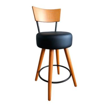 Imagem de Banqueta Alta Cozinha Estofada Preta Com Encosto Madeira Urban - Don C