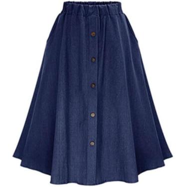 Imagem de Saia Coreana Estilo Preppy Saias Jeans Mulheres Cor Sólida Saia Longa Cintura Verdadeira Feminina Bainha Grande Casual Jean, Deep Blue, S