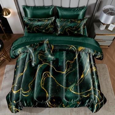Imagem de Conjunto de edredom King de mármore verde, cetim sedoso, verde esmeralda, textura de pedra de mármore, textura de seda, abstrata, em uma bolsa com edredom e jogo de lençol