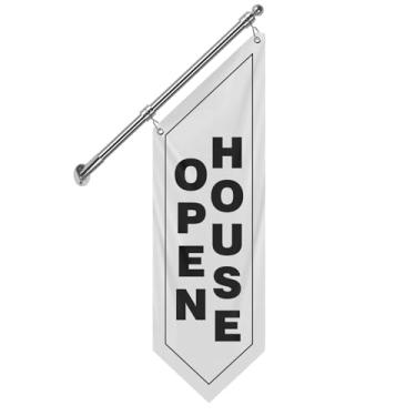 Imagem de QSUM Bandeira de parede de lona de casa aberta, faixa dupla face para imóveis com poste de aço inoxidável e suporte de parede, placa de casa aberta ao ar livre para corretores de imóveis, casas para
