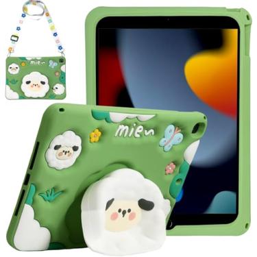 Imagem de Capa para iPad 9ª/8ª/7ª geração 10,2 polegadas 2019/2020/2021, capa infantil macia de silicone à prova de choque com alça de ombro e suporte - cordeiro verde