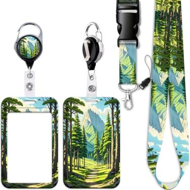 Imagem de Cordão para crachá de identificação de árvore de montanha com clipe retrátil resistente para carretel de crachá destacável para mulheres e homens professores para chaves de crachá de identidade