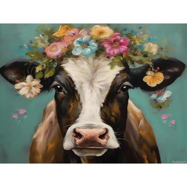Imagem de PUAGEMTI Pintura de diamante de flores de vaca em aquarela para adultos, vaca animal, broca completa, pintura de diamante, ponto cruz, strass de cristal, ótimo para decoração de banheiro de parede ou