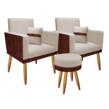 Imagem de Kit 02 Poltronas para Sala Decorativa Lis com Almofada e Puff Redondo Corino Peroba e Suede Aninha Decor (Bege)
