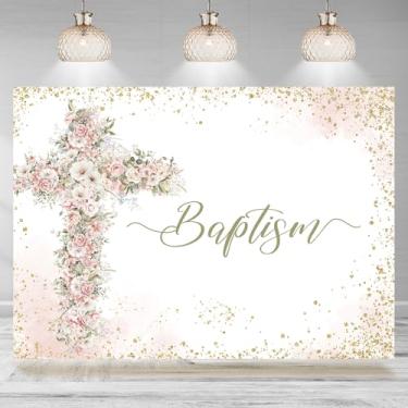 Imagem de Rsuuinu Pano de fundo de batismo para meninas, Deus abençoe, rosa, floral, fotografia, primeira comunhão, artigos de decoração de festa de batizado, banner, mesa de bolo, suporte de estúdio de cabine