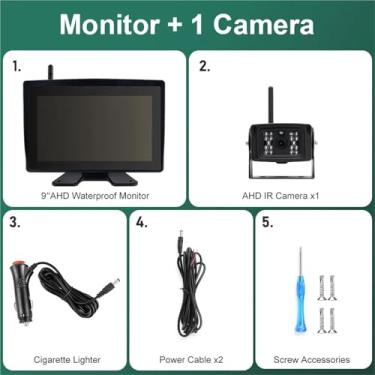 Imagem de Compatível com gravador DVR AHD de 9'' à prova d'água, monitor traseiro/frontal/lateral, câmera 1080p compatível com caminhão, empilhadeira, escavadeira, veículo agrícola(1 camera,No SD Card)