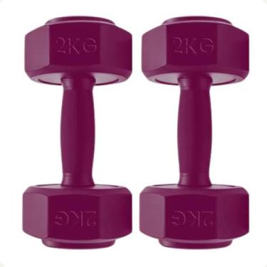 Imagem de Par de Halteres Pesos 2kg Sextavado Vermelho Antiderrapante Revestido 