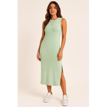 Imagem de Vestido Midi Feminino Canelado com Fenda - Cacharrel Store, Verde ment