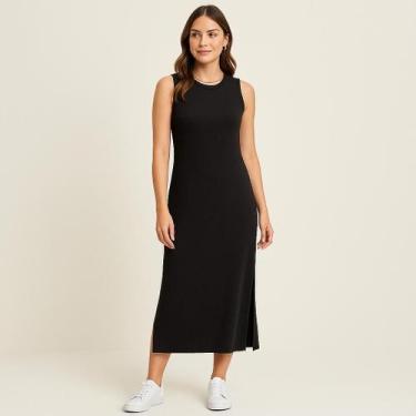 Imagem de Vestido Midi Feminino Canelado com Fenda - Cacharrel Store, Preto, GG