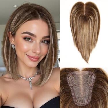 Imagem de starluck Toppers para mulheres cabelo humano real sem franja 8,9 cm x 10,5 cm Base de renda suíça amarrada à mão 30,5 cm 100% Remy HumanHair Topper para mulheres com cabelo fino (T4/27/4#)