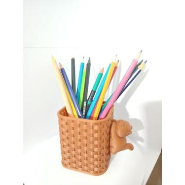 Imagem de Porta-Lápis Decorativo em Terracota, Design Gato, Estilo Cestaria, Organizador de Mesa para Material Escolar