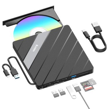 Imagem de SUIDEK Unidade externa de CD DVD para laptop, gravador portátil de CD/DVD +/-RW, leitor de DVD para laptop 8 em 1 USB 3.0 Hub USB C com leitor de cartão SD/Micro SD compatível com laptop, desktop,