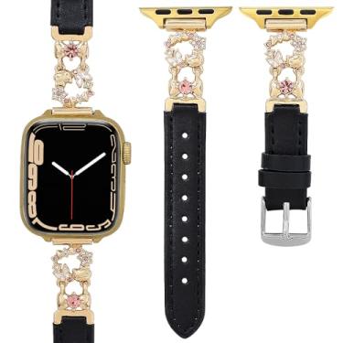 Imagem de Pulseira de couro compatível com Apple Watch séries 10 9 Ultra, SE 8 7 6 5 4 3 2 1 de 38/40/41, 42, 44, 45, 46/49 mm, preto + ouro, 45 mm/44 mm/42 mm/46 mm (série 10))