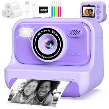 Imagem de Gocina Impressão instantânea para câmera infantil, câmera instantânea HD 1080p com 3 rolos de papel e cartão de 32 GB, presente ideal para crianças de 3 a 12 anos, roxo
