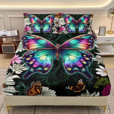 Imagem de AILONEN Jogo de lençol casal com borboleta boêmia, flores coloridas para crianças, adolescentes e adultos, 1 lençol com elástico + 2 fronhas, 3 peças